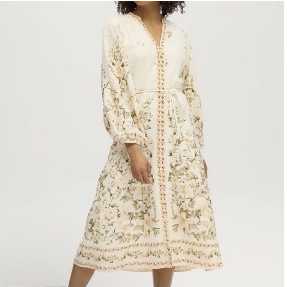 Calypso St. Barth Cream Midi Dress with Green & Soft Yellow Floral Embroidery